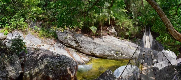 Corda Arame Suspenso Ponte Suspensa Através Rio Selva Eden Por — Fotografia de Stock