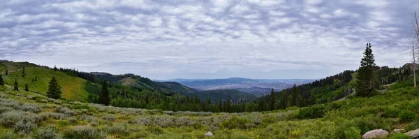 公园城 皇后景观沿瓦萨奇前落基山脉 夏季森林和 Cloudscape 的全景景色 犹他州 — 图库照片