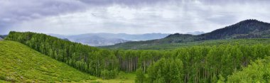 Pass, Midway ve Wasatch açık Rocky Dağları, yaz ormanları, bulutlar ve yağmur fırtınası boyunca Heber Vadisi panoramik manzara muhafızı geçiş sayısı. Utah, Amerika Birleşik Devletleri.