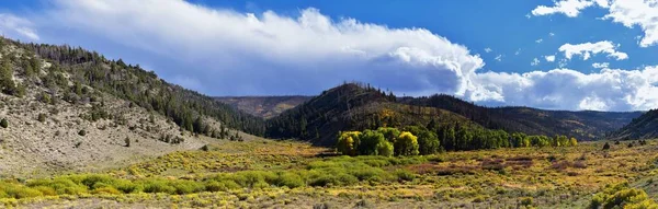 後半夏早期秋パノラマ森林の景色インディアン キャニオン マイル渓谷ループ デュシェーヌとユインタ盆地の範囲のユタ州アメリカ合衆国 アメリカ合衆国で 私たち高速道路 191 の価格の間に木をハイキング — ストック写真