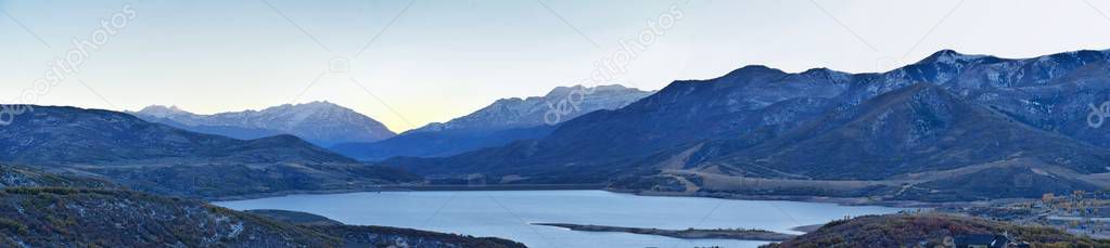 Panoramic Landscape view Jordanelle Reservoir off Utah Highway 248, in the Wasatch back Rocky Mountains, and Cloudscape. America.