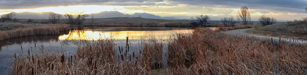 View Josh Pond Walking Path Reflecting Sunset Broomfield Colorado Surrounded — стоковое фото