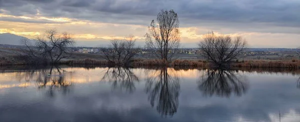 Vistas Del Sendero Josh Pond Reflejando Atardecer Broomfield Colorado Rodeado —  Fotos de Stock