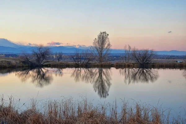 Vistas Del Sendero Josh Pond Reflejando Atardecer Broomfield Colorado Rodeado —  Fotos de Stock