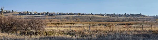 在接近冬季的秋天 在科罗拉多州布鲁姆菲尔德的 Carolyn Holmberg 保护区 Cradleboard 小道小径的小路可以欣赏到周围的猫尾 野生动物 平原和落基山脉景观 — 图库照片