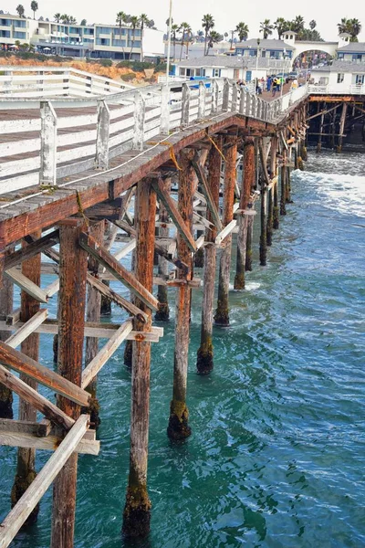 San Diego Iskeleler Skelesi Kum Sörfçü Uyarı Işaretleri Palmiye Ağaçları — Stok fotoğraf