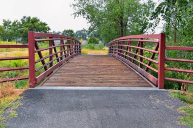 Ağaçlar, Rusya zeytin, cottonwood ve çamurlu dere boyunca Wasatch açık Rocky Dağları, Salt Lake City, Utah çevreleyen ile Ürdün Nehri Trail yaya ve görünümlerini tren Track Bridge.