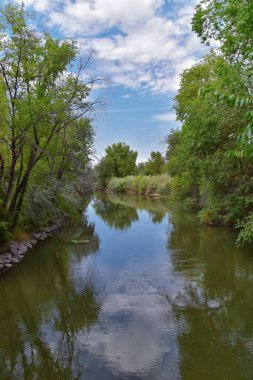 Ağaçlar, Rusya zeytin, cottonwood ve silt çevreleyen ile görünümlerini Ürdün Nehri Trail çamurlu su boyunca Wasatch açık Rocky Dağları, Salt Lake City, Utah dolu.
