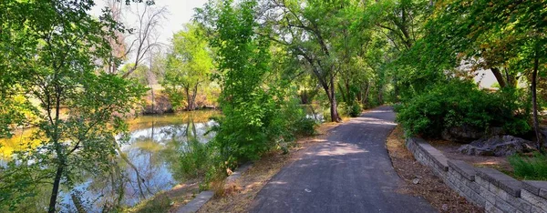 Widok Rzekę Jordan Trail Otaczających Drzew Rosyjski Oliwek Topoli Muł — Zdjęcie stockowe