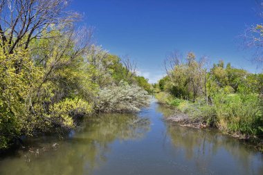 Jordan River Parkway Trail, Legacy Parkway Trail sınır Redwood Trailhead, kayalık dağlar boyunca çevredeki ağaçlar ve silt dolu çamurlu su ile panorama manzarası, Salt Lake City, Utah.