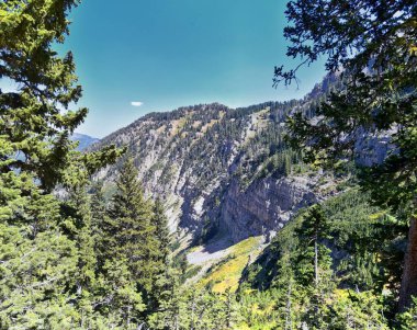 Timpanogos, Uinta Wasatch Önbellek Ulusal Ormanı 'nda, Utah Gölü' nün çevresinde, Rocky Dağları 'nda sonbaharda manzara yürüyüşü yapıyor. Midway, Heber, Provo City, Salt Lake ve Utah County manzaralı. ABD.