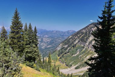 Timpanogos, Uinta Wasatch Önbellek Ulusal Ormanı 'nda, Utah Gölü' nün çevresinde, Rocky Dağları 'nda sonbaharda manzara yürüyüşü yapıyor. Midway, Heber, Provo City, Salt Lake ve Utah County manzaralı. ABD.