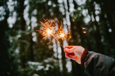 Havai fişekleri erkekler ver. Snowy orman arka plan. Kış