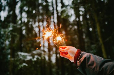 Havai fişekleri erkekler ver. Snowy orman arka plan. Kış