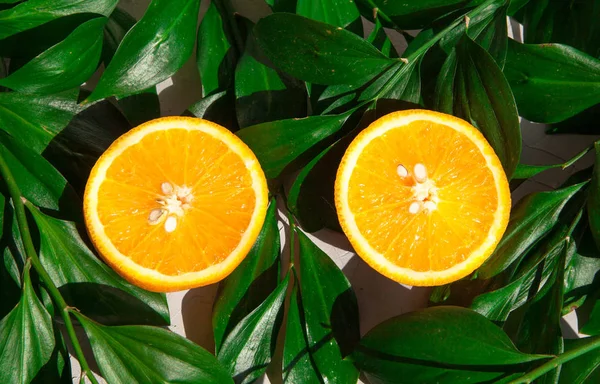 Naranja a la mitad en hojas verdes. Citratos —  Fotos de Stock