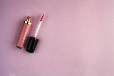 Ruj ve aplikatör değneği pastel pembe arka grpund üzerinde. Sıvı dudak nemlendirici açık tüp