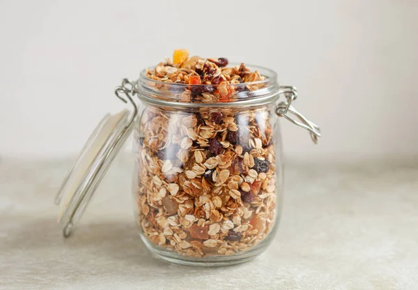 Delicious Homemade Muesli Glass Jar Beige Background Breakfast Diet Food — Stock Photo, Image