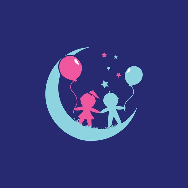 Crianças, menino e menina de mãos dadas com balões —  Vetores de Stock