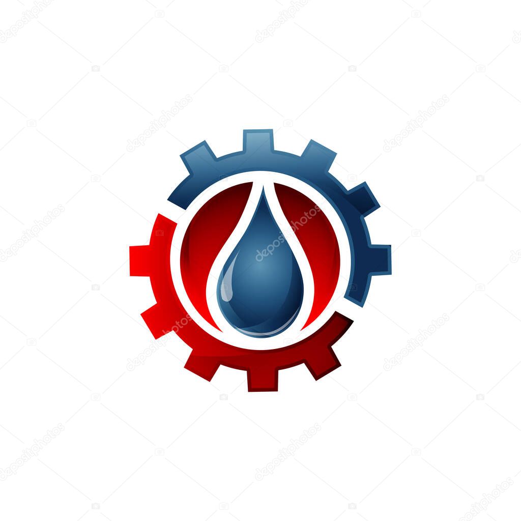 Water drop vector logo design with gears cogs concept , illustration of water drop with gears cogs for liquid oil eco energy and industrial company