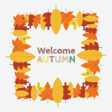 Hoş geldiniz sonbahar vektörü arka planı. Akçaağaç ve meşe yaprakları boş uzay arkaplanı ile selamlama metni ile sonbahar mevsimi