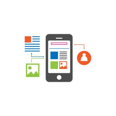 Uygulama arayüzü, simgeleri ve kullanıcı profili elemanları olan akıllı telefonun düz tasarım vektörü. Mobil uygulama tasarımı, ilgili UI ve dijital iş konsepti için mükemmel.