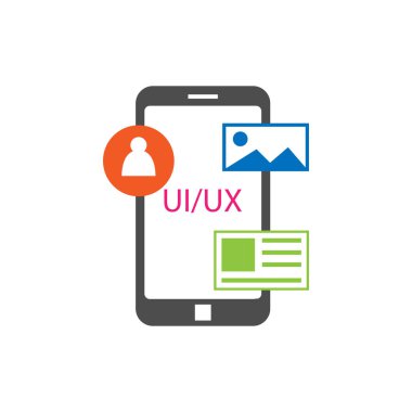 Profil, resim ve içerik simgeleriyle akıllı telefon UI / UX sunumu. Uygulama tasarımı, kablolar ve dijital yaratıcı projeler için harika.