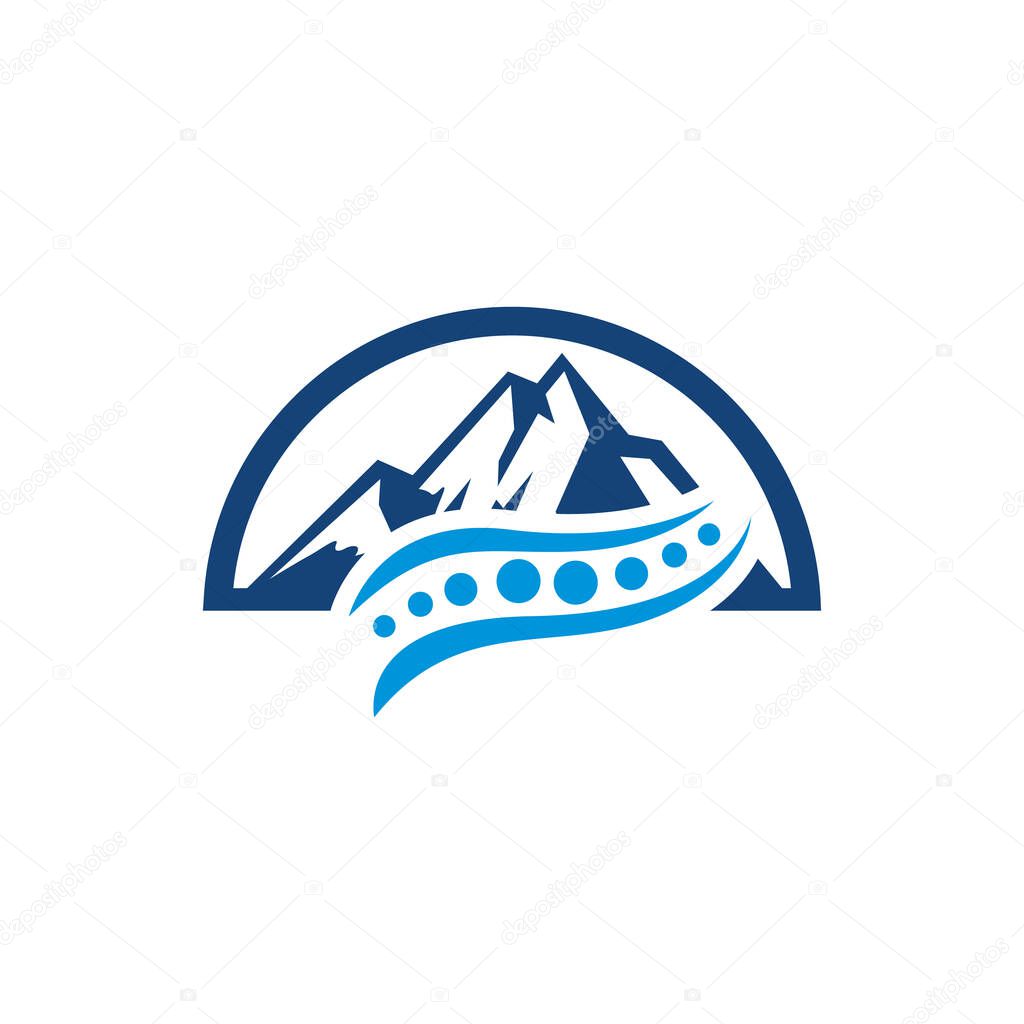 Featuring layered blue mountains with an arc and dynamic dotted wave, this logo represents growth, vitality, and harmony. Perfect for wellness, nature, or adventure brands.