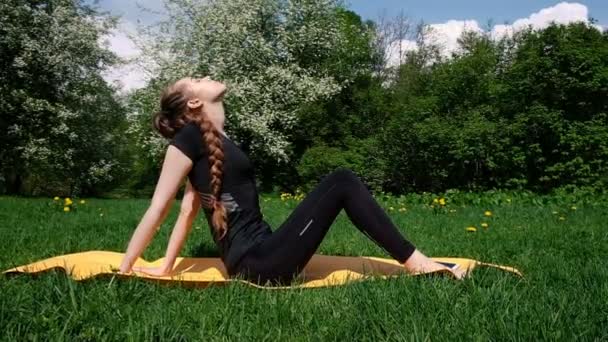 Chica haciendo calentamiento en una alfombra para yoga en un parque en la naturaleza en verano, cámara lenta — Vídeos de Stock