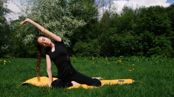 Mooi jong meisje warming-up op een tapijt voor yoga in een park in de zomer, Slowmotion doen. Een vrouw met een lange vlecht trekt haar handen over haar hoofd, gaat voor sporten in de natuur — Stockvideo