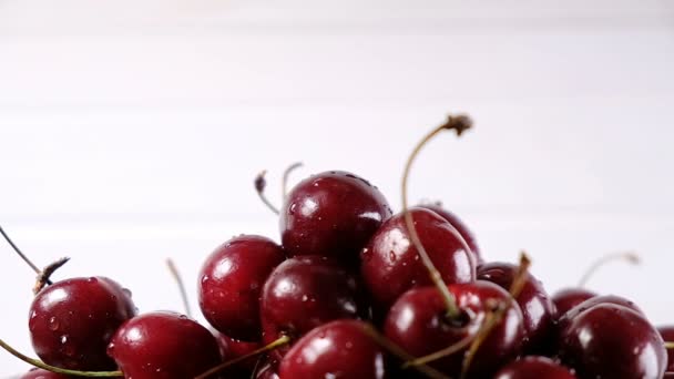 L'eau est versée sur une poignée de cerises sur un fond blanc gros plan, au ralenti — Video