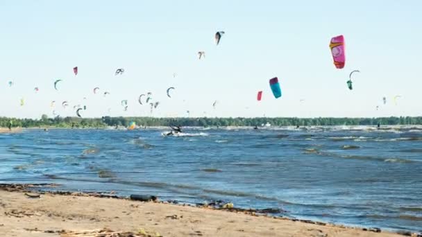 Кайтсерфингисты летом катаются на волнах по морю в ветреную погоду, экстремальный водный отдых — стоковое видео