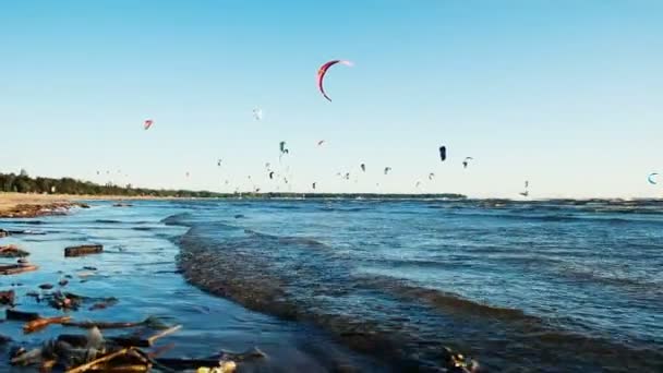 Кайтсерфинг летом в море в ветреную погоду, экстремальный отдых. Движение камеры вдоль побережья, замедленная съемка — стоковое видео