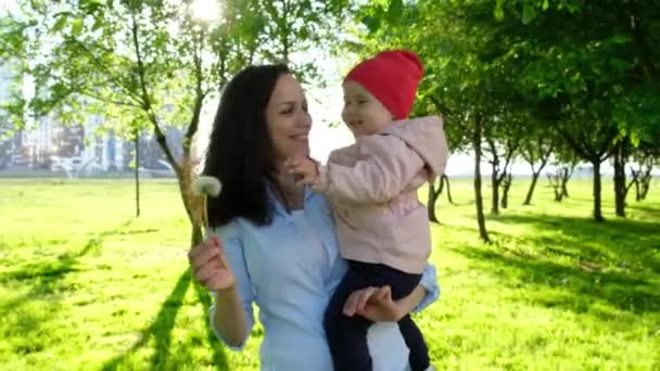 La madre sostiene al niño en las manos y juega con el diente de león. Chico ríe en manos de mamá en el parque al atardecer — Vídeos de Stock