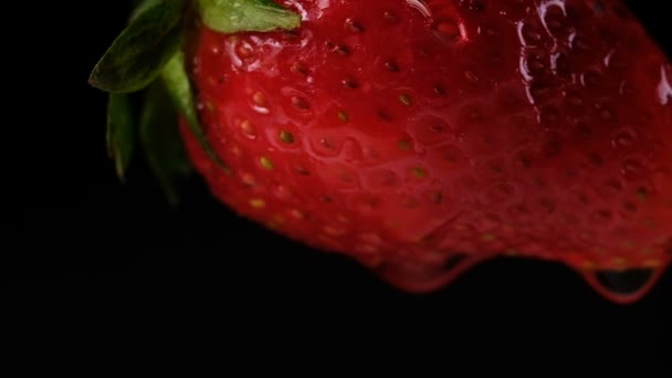 Wasser fließt eine Erdbeere in Großaufnahme auf schwarzem Hintergrund herunter, Zeitlupe. frische Beere schwingt langsam. — Stockvideo