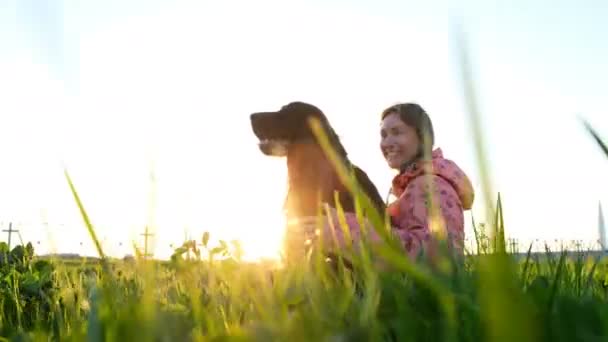 Vrouw knuffelen de hond bij zonsondergang en lachen, jong meisje met huisdier zittend op gras en rust in de natuur — Stockvideo