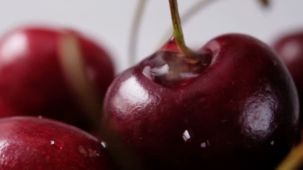 Une goutte d'eau coule lentement dans une cerise mûre. Gros plan macro plan, ralenti . — Video