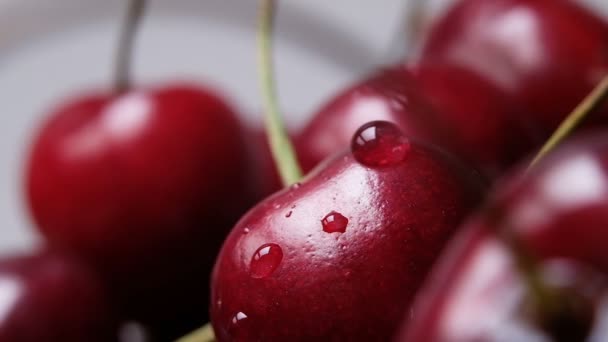 Drop of water slowly dripping with cherry berries, slow motion — Stock Video