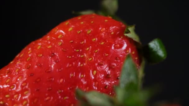 L'uomo prende una fragola su uno sfondo scuro, primo piano — Video Stock