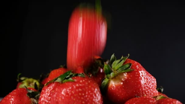 One strawberry berry falls on top of a mountain of strawberries on a dark background — Stock Video