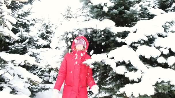 Fröhliche junge Frau schießt Schnee von Bäumen, springt und schüttelt Schnee von einem Ast — Stockvideo