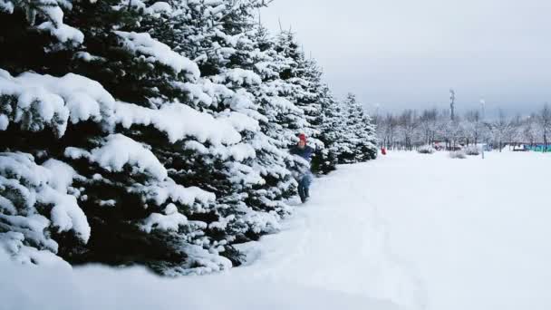 L'uomo allegro corre vicino agli alberi innevati e abbatte la neve dai rami, rallenta — Video Stock