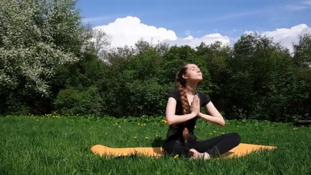 Chica joven con una trenza larga medita y se relaja en un parque de la ciudad en la naturaleza en verano, en cámara lenta. Hermosa mujer sentada en una esterilla de yoga en una pose de loto, cámara de movimiento — Vídeos de Stock