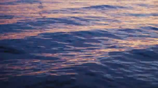 Des vagues calmes sur la mer sur fond de coucher de soleil violet-rose — Video