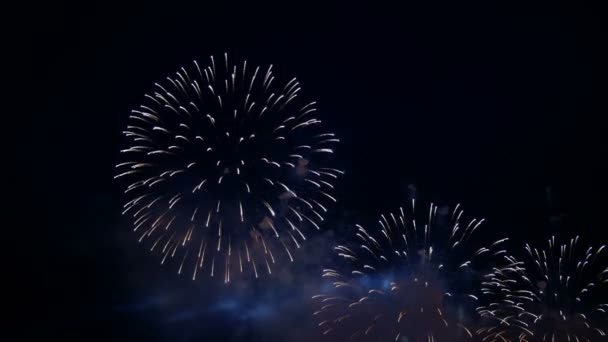 Fuegos artificiales, un hermoso espectáculo pirotécnico y láser multicolor. Brotes sobre la celebración — Vídeo de stock