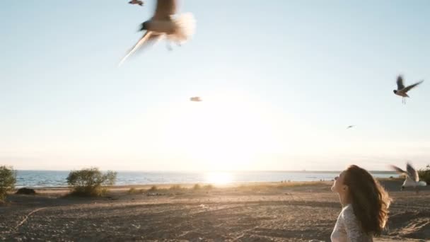 Hermosa chica europea alimentando a las gaviotas con pan al atardecer en la playa del mar en verano. Joven novia mujer en vestido de novia recoge pan a los pájaros . — Vídeos de Stock