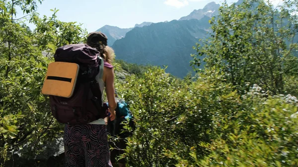 Туристы прогуливаются с рюкзаком в кустах в горах — стоковое фото