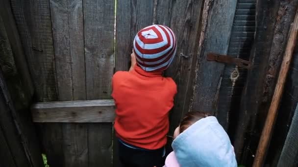 Mijn lieve kinderen, open de oude houten deur gaan voor een wandeling op natuur, slow-motion — Stockvideo