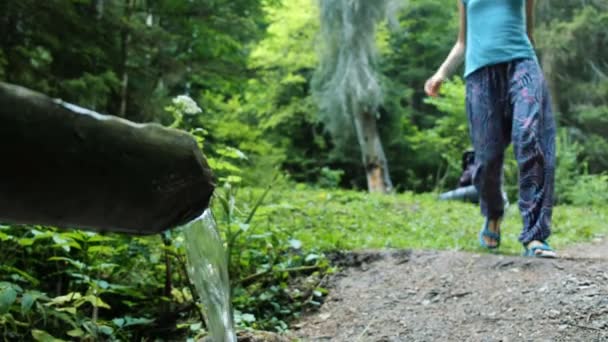 Donna stanca turista cammina fino a un torrente in un campeggio e si lava il viso nella foresta . — Video Stock