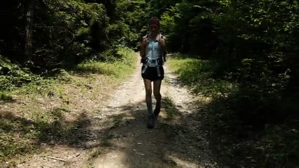 Красива жінка, що йде в похід на камеру в лісі. Турист з рюкзаком в національному парку влітку, повільний рух — стокове відео