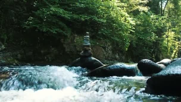 Torre o cairn está parado en un adoquín en un río de montaña, bosque en un fondo . — Vídeos de Stock